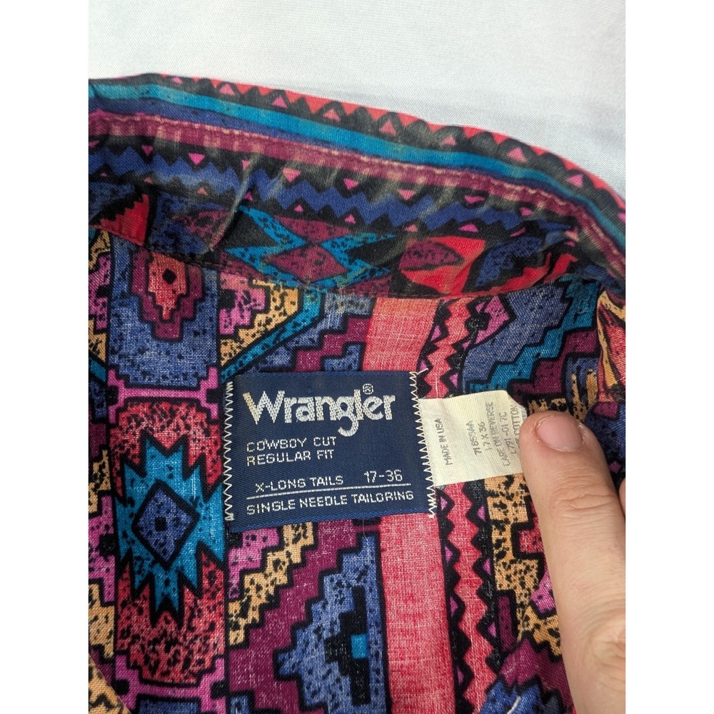 Vintage Wrangler Shirt Mens 17 36‎ XL Brushpopper Cowboy Aztec X Long Tails 90s - Picture 4 of 8